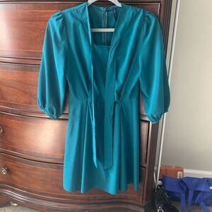 Teal Blue Tie Front Bow Long 3/4 Sleeve Shirt Dress Tunic XS